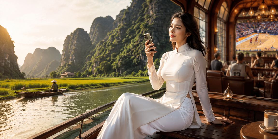Người dùng tại Ninh Bình mặc áo dài xem tỷ số bóng rổ trên điện thoại